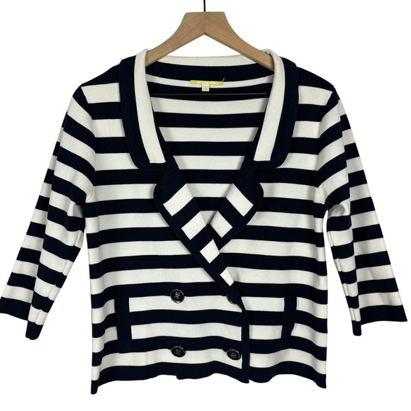 GIANNI BINI Women's Striped Dark Navy Blue White Silk Blend Knit Blazer Jacket L - Picture 1 of 8
